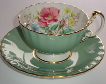 Aynsley Teal Green and Poppy Tea Cup and Saucer
