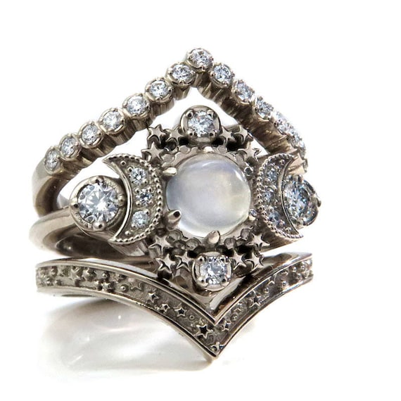 Full Moon Moonstone Engagement Ring Set - Cosmos Stardust and Diamond Chevron Wedding Bands