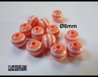 * ¤ 12 round striped pink and white acrylic beads Ø6mm ¤ * #P55