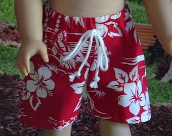 Red Hawaiian Board Shorts for American Boy Dolls