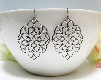 Large Silver Filigree Dangle Earrings Chandelier Earrings Moroccan Earrings Modern Earrings Everyday Wear Silver Earrings (ER009)
