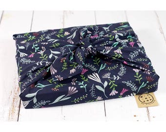 Organic cotton GOTS Navy flowers, wrapping furoshiki zero waste, durable, eco-friendly, reusable, 75 x 75 cm.