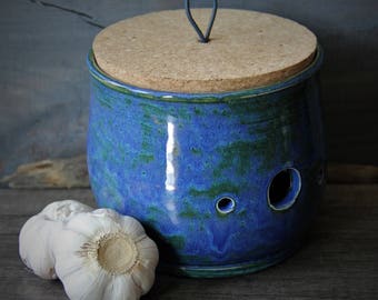 Unique Hand Made garlic container - porcelain jar- cork lid