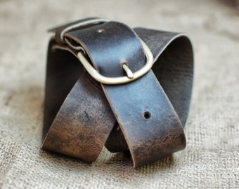 Plain Leather Belt - Distressed Leather Belt with Brass Hardware - Simple Rugged Men Gift for Guys