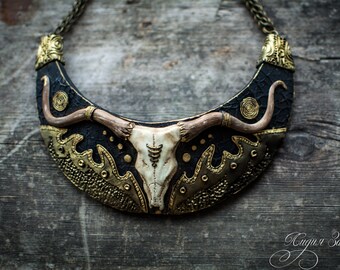 Bull skull Statement necklace large Bib necklace brown gold necklace boho necklace polymer clay necklace