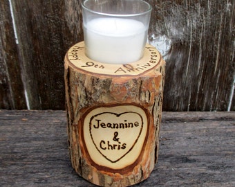 9th Anniversary Candle of Rustic Willow Wood Inscribed with Your Initials or Names in a Heart