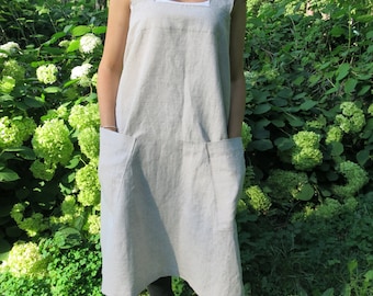 Linen japanese Apron in 12 colors/ Linen Square-Cross Apron/ No-ties Apron / Linen Apron/ Linen pinafore