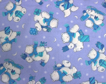 38 X 28 Turquoise Blue and White Polar Bear Print on Periwinkle Cotton Fabric Remnant