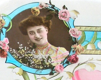 1900s French postcard, Edwardian Lady in flowered frame, RPPC real photo postcard, paper ephemera.