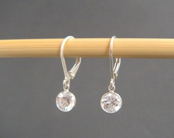 sterling silver cubic zirconia earrings leverback lever back small hook dangle diamond alternative crystal everyday drops simple 6 mm CZ