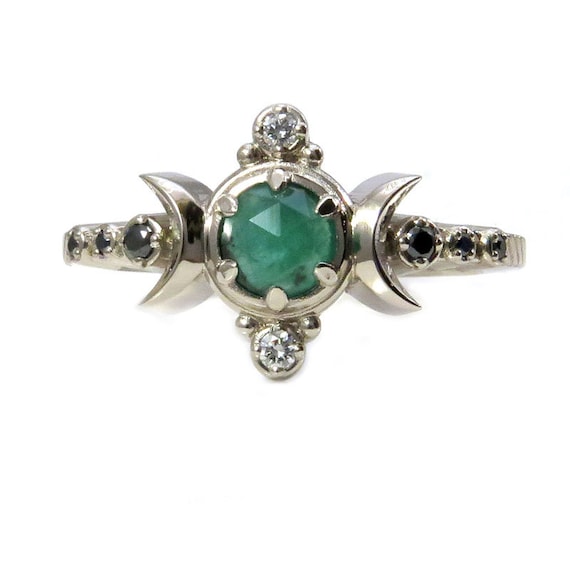 Emerald Moon Engagement Ring with Black and White Diamonds - Triple Moon Goddess