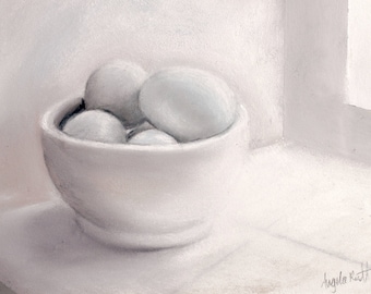 Pastel still life of pale blue eggs in white bowl (original)