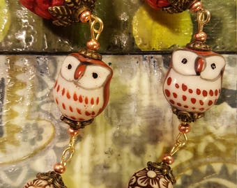 Red cinnabar owl dangle earrings