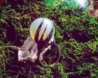 Crystal ball ring, Oracle ring, fortune teller ring, opal crystal ring, gypsy ring, silver crystal ball