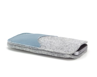 Stylish Phone Case - cell phone cover, mobile case handmade of natural wool felt and leather - grey and blue - cell phone accessorie