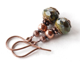 Green dangle earrings - copper & faceted teal picasso Czech glass beads