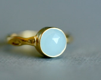 Dainty Blue Ring - Chalcedony Ring - Solitaire Blue Ring - Blue Aqua Ring - Round Cut Gold Ring - Stacking Blue Gemstone Ring - Minimal Ring