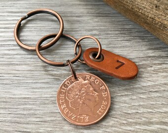 7th anniversary gift, copper wedding anniversary, seven 7 years married, 2011 coin keyring, key chain, present for him, man husband
