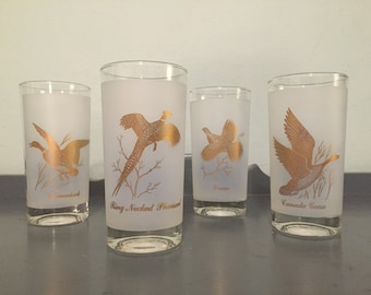 30% SALE *** Four Federal Glass Co. Sportsman Gold Gamebirds Frosted White Highball Glasses / Tumblers - Canvasback, Goose, Grouse, Pheasant