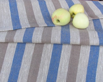 Pure Linen Table Runner; Ecru Gray / Taupe / Blue Striped Table Runner 19.5"x 96" Gray & Blue Linen Table Cover; Rustic Flax Table Runner