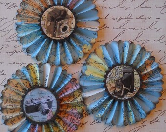 upcycled vintge map rosettes- Travel cameras- set of 3