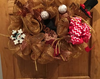 Gold and Red Deco Poly Mesh Christmas Wreath, Primative wreath,Merry Christmas Wreath, Christmas Wreaths, Deco Mesh Wreaths