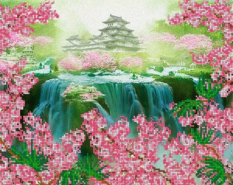 Pagoda DIY bead embroidery kit, beading on needlepoint, housewarming gift Idea, needlepoint craft set