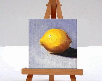 Miniature Oil Painting, Little Lemon, 3x3 Canvas, Tiny Wall Decor, Citrus Fruit, Yellow Blue, Original Food Art, Tropical Fruit, Minimalist