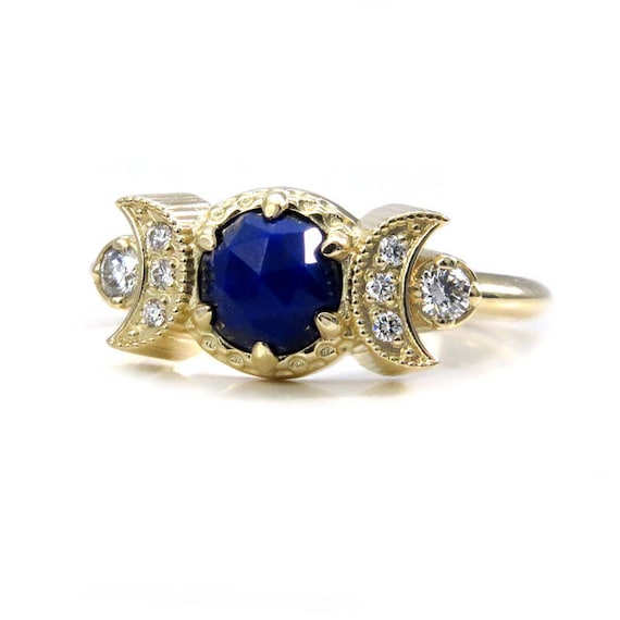 Lapis Lazuli Engagement Ring with Diamond Crescent Moons - Bohemian Moon Phase Gold Ring