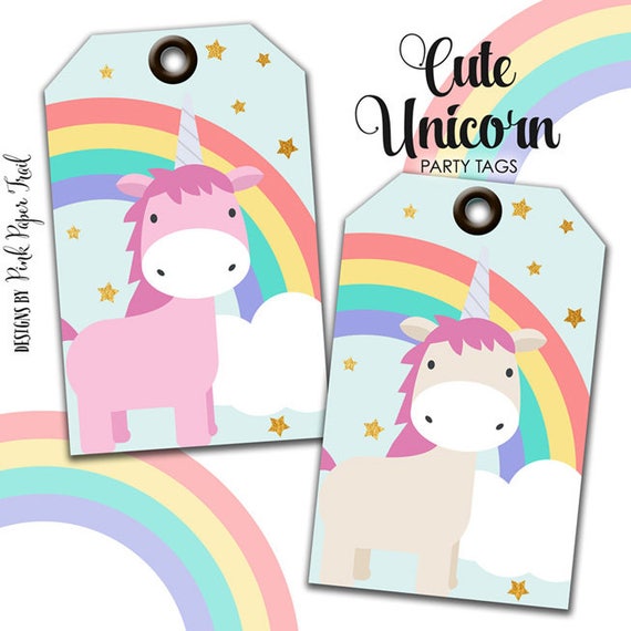 cute magical unicorn and rainbows printable party tags favor