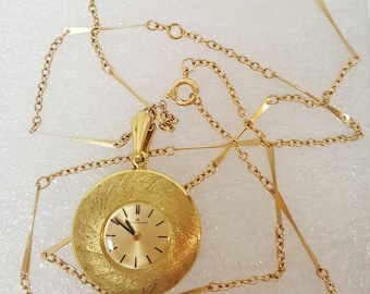 Vintage 1940 - 1950 Bucherer Swiss Round Pendant Watch Necklace; Gold 17 Jewel 29 Inch Chain/ Mid Century Fine Jewelry Accessories