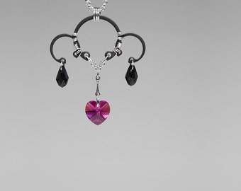 Pink Swarovski Crystal Pendant, Fuchsia Swarovski Crystal Necklace, Black Swarovski Crystals, Wire Wrapped Pendant, Supernova v5