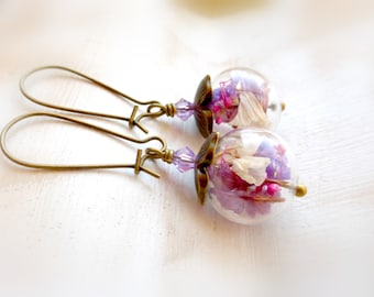Pink terrarium earrings Dry flower earrings Miniature botanical drop earrings Dried flower earrings Nature jewelry gift Gift for her й033