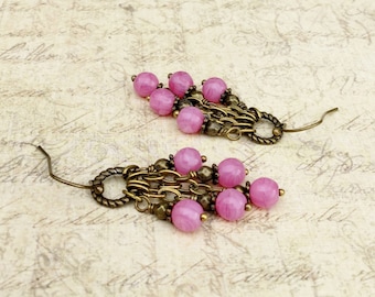 Pink Earrings, Pink Chandelier Earrings, Antique Gold Earrings, Hoop Earrings, Czech Glass Beads, Pink and Gold Earrings, Gifts for Her