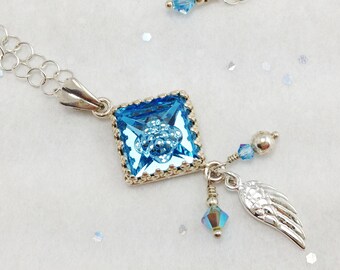 Silver Angel Wing & Aqua Vision Stone Charm Neckace - With Adjustable Chain