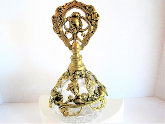 Gold Perfume Bottle, Ornate Gold Ormolu, Roses Embellished, 60's Heavy Glass cologne
