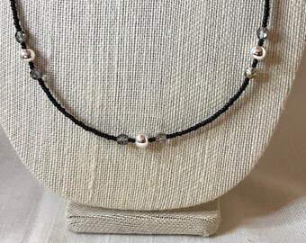 Black, Silver, and Iridescent Long Necklace