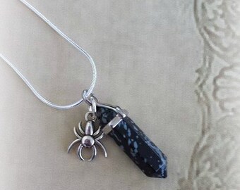 Snowflake Obsidian Pendant, Sterling Silver Necklace, Spider Necklace, Crystal Point Necklace, Healing Crystal Jewelry, Wiccan Necklace