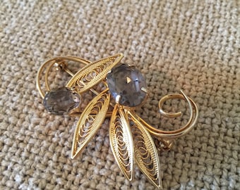 Vintage Smoky Topaz Gold Brooch Pin