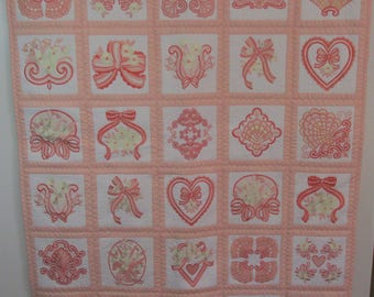 Machine Embroidered Baby Quilt, Crib Quilt, Baby Blanket, Handmade Baby Quilt - Peaches & Cream - approx 40" x 48"