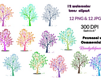 Watercolor Tree Clipart. Colorfull trees clip art - Tree clipart. Png + Jpg. Digital clip art - Personal & Commercial use. INSTANT DOWNLOAD