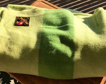 Vintage Wool Blanket / Trapper Point Wool Blanket / 4 Point Blanket / Two Tone Green / Farmhouse Bedroom / Rustic Bedspread / Double Size /