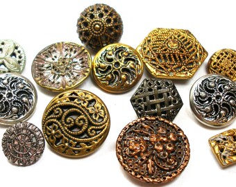 13 Vintage Twinkle BUTTONS, gold & silver metal with reflective liners.