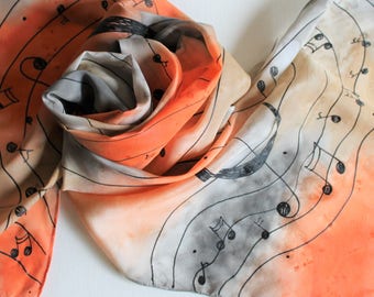 Hand Painted Silk Scarf - Handpainted Scarves Musical Music Notes Treble Clef Orange Gray Grey Silver Tan Taupe Beige Piano