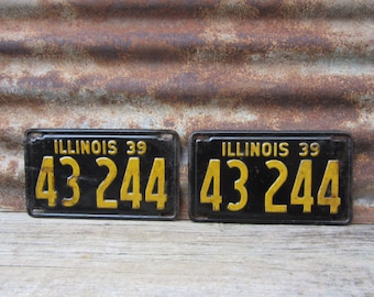 Vintage License Plate Illinois 1939 Matched set of 2 Black & Yellow 1930s Era Car Truck Automobile Rusted and Naturally Distressed Man Cave