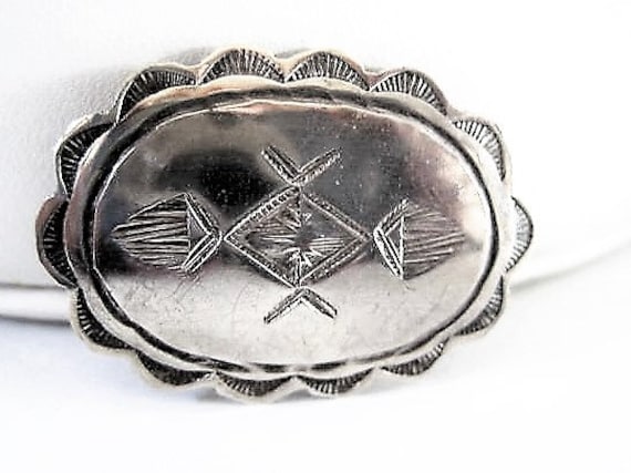 Native American Brooch, Sterling Concho, Stamped Symbols, Southwestern Concho Pin