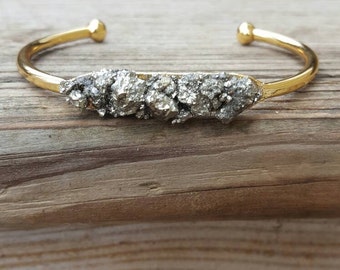 Pyrite Bracelet Gift-for-her Gold Cuff Bracelet Skinny Cuff MInimalist Bracelet Healing Stone Bracelet Statement Jewelry Raw Pyrite Bracelet