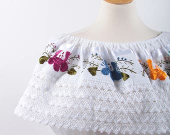 Off Shoulder, Summer Dress, Vintage, White, Lace, Embroidered, Colorful, Flowers, Light, Elastic Waist, Mid Length, Mexican ~ 170122