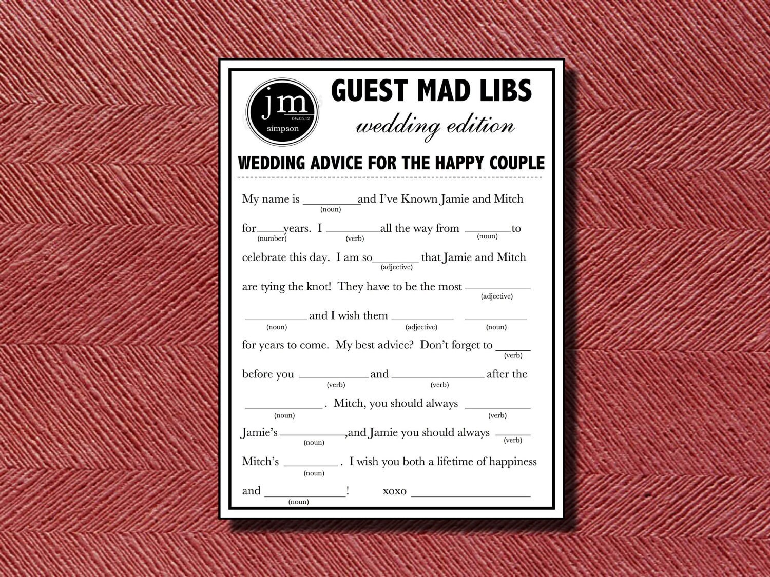 Printable Wedding Mad Lib A Fun Guest Book Alternative Il Fullxfull Printable Wedding Mad Lib A Fun Guest Book Alternative Il Fullxfull