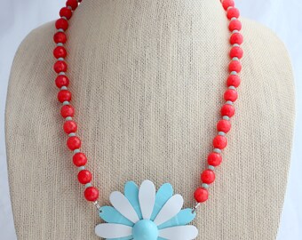 Nautical Necklace, Daisy Necklace, Flower Necklace, Red Necklace, Recycled Jewelry, Recycled Necklace,Upcycled Jewelry,Upcycled Necklace